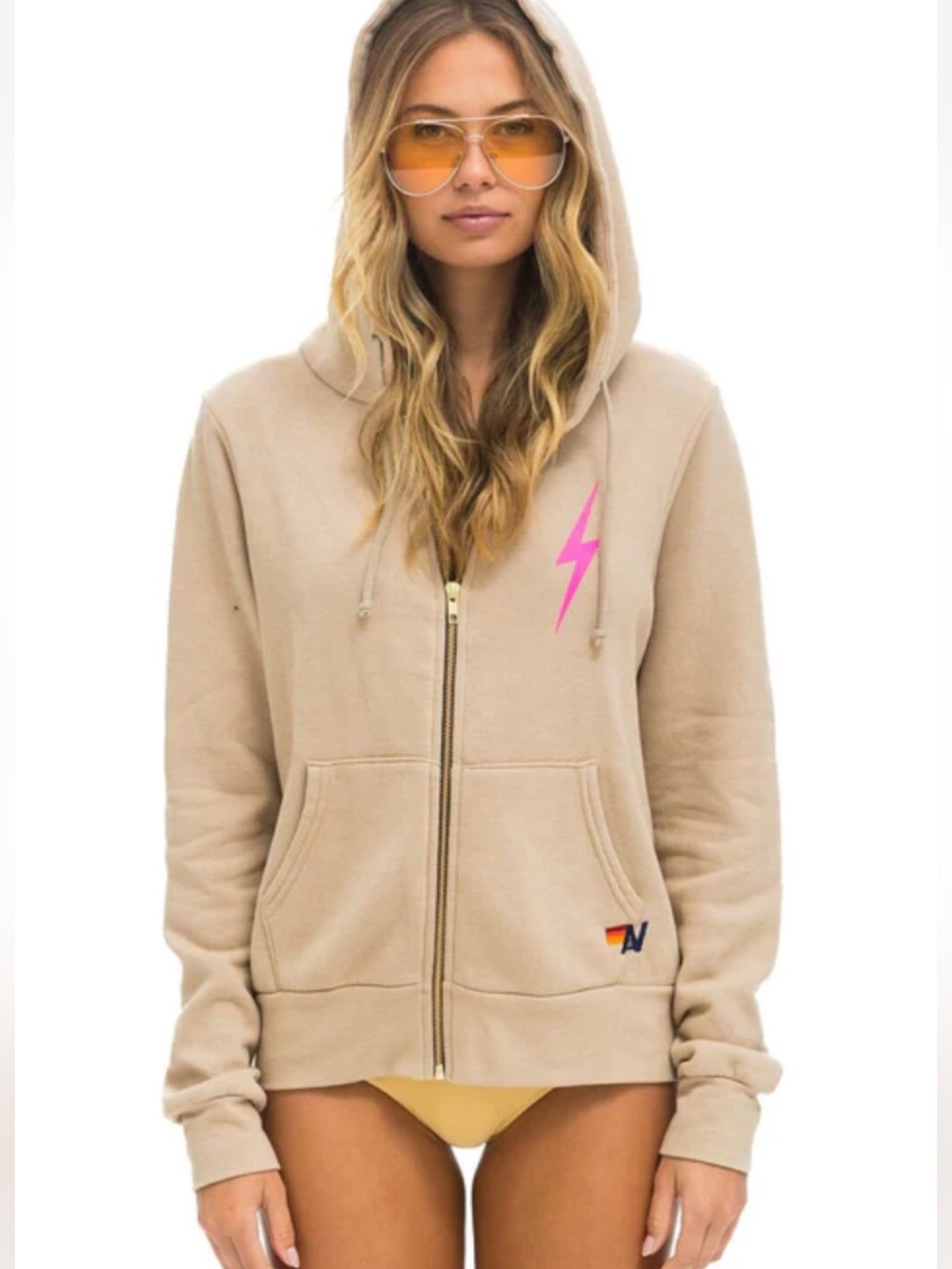 Aviator Nation Bolt 2 Zip Up Hoodie size Large Tan and Pink
